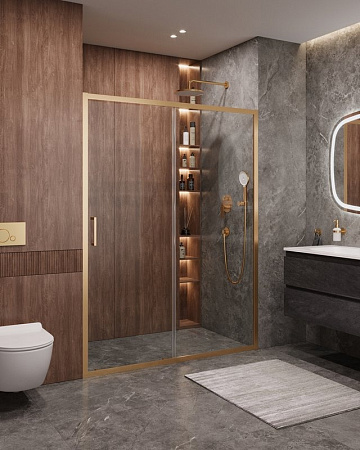 Душевая дверь в нишу Cezares Molveno MOLVENO-BF-1-160-C-BORO-IV профиль брашированное золото, стекло прозрачное